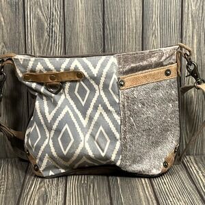 Myra Bag Crossbody Purse Brown Gray Canvas Leather Cowhide Western Boho Chic